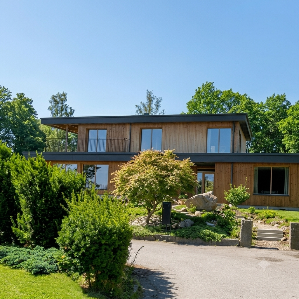 Öjaby residence exterior with timber cladding and garden