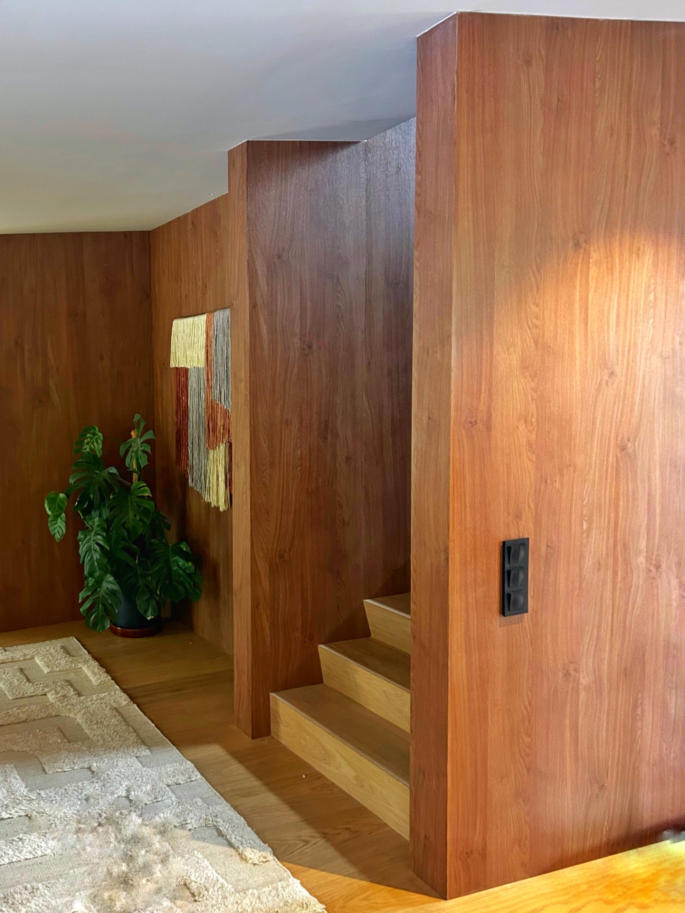 Wood-clad hallway and stair volume