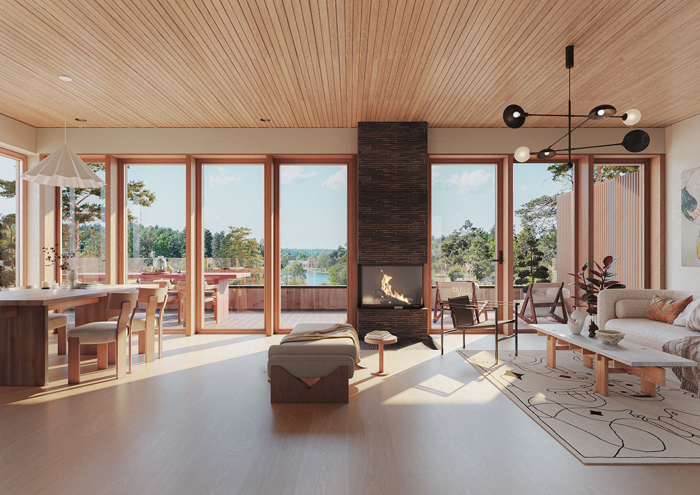 Shizukana living and dining interior with fireplace
