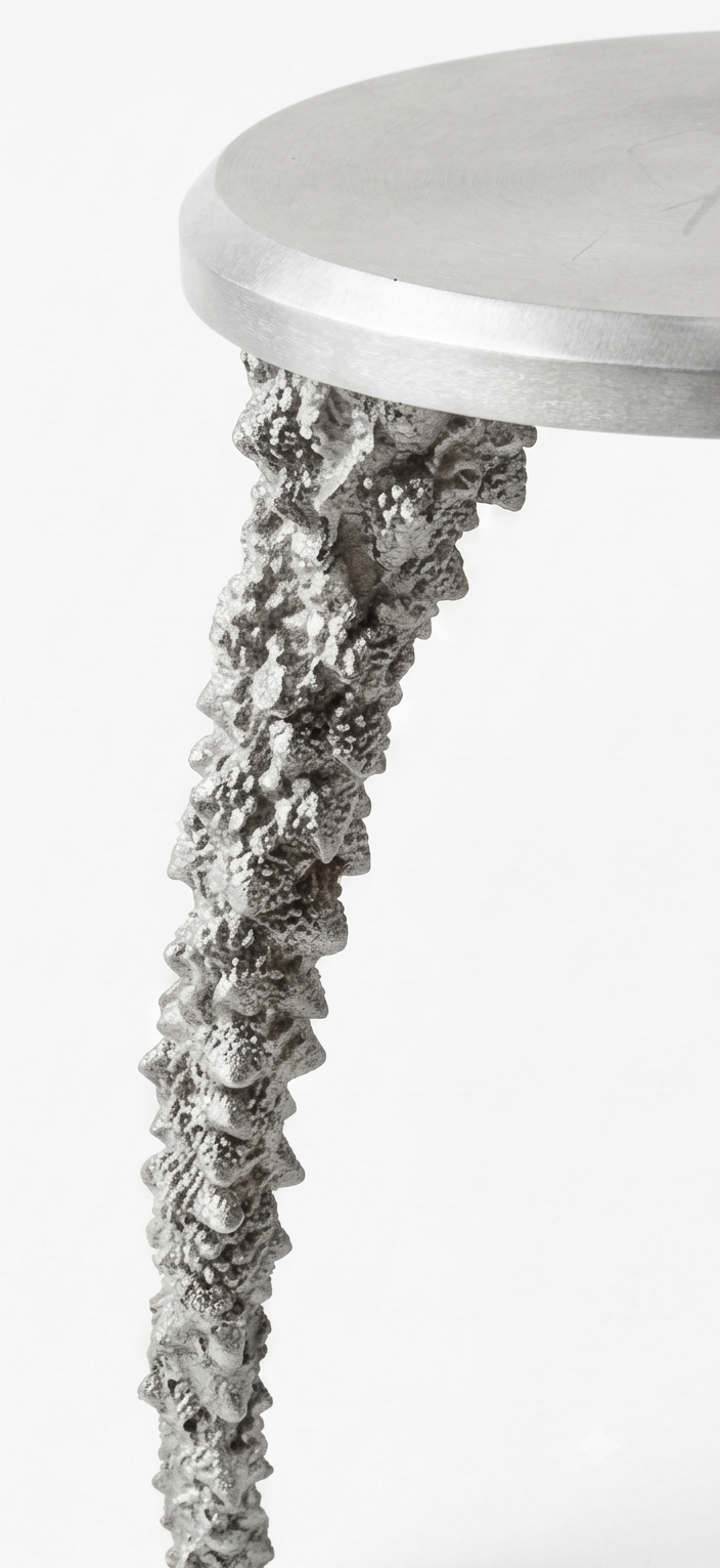 Close-up of the sand-cast aluminium leg meeting the brushed disc seat