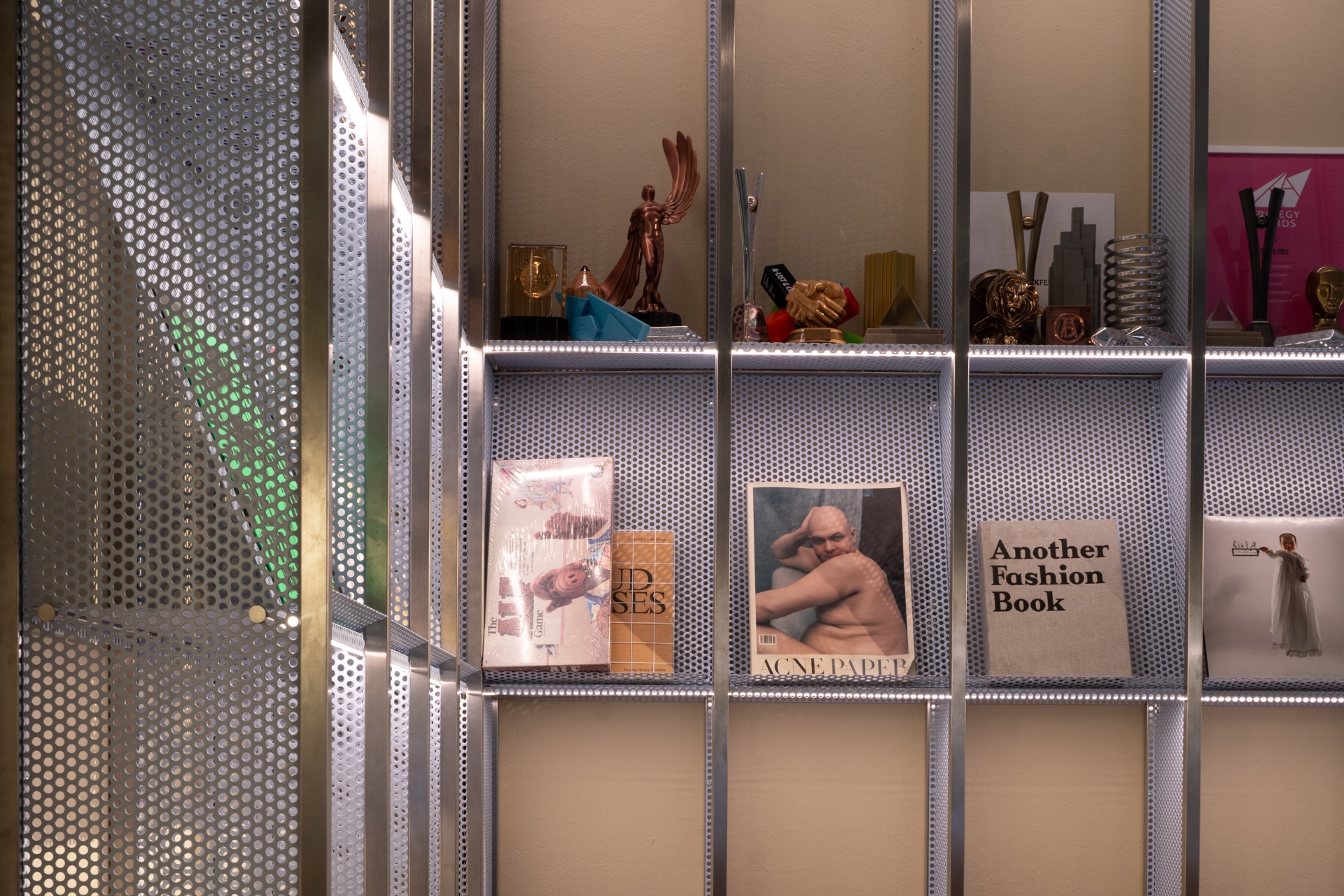 Detail of the perforated aluminium display shelves