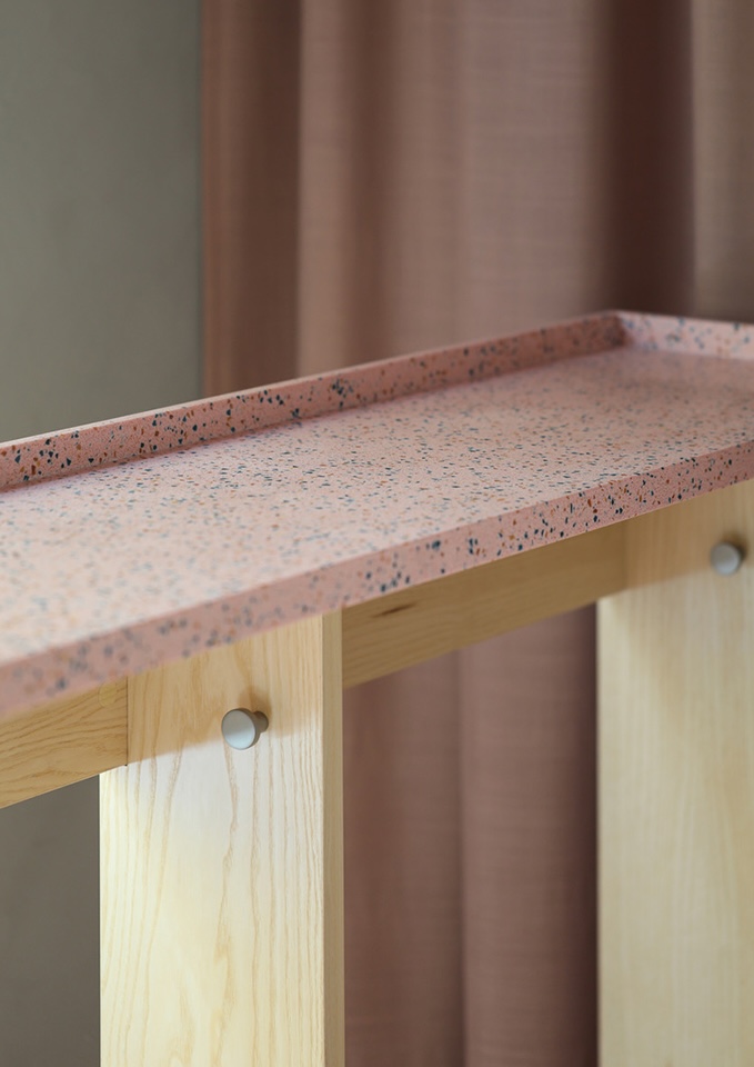 Pink terrazzo shelf on ash wood frame