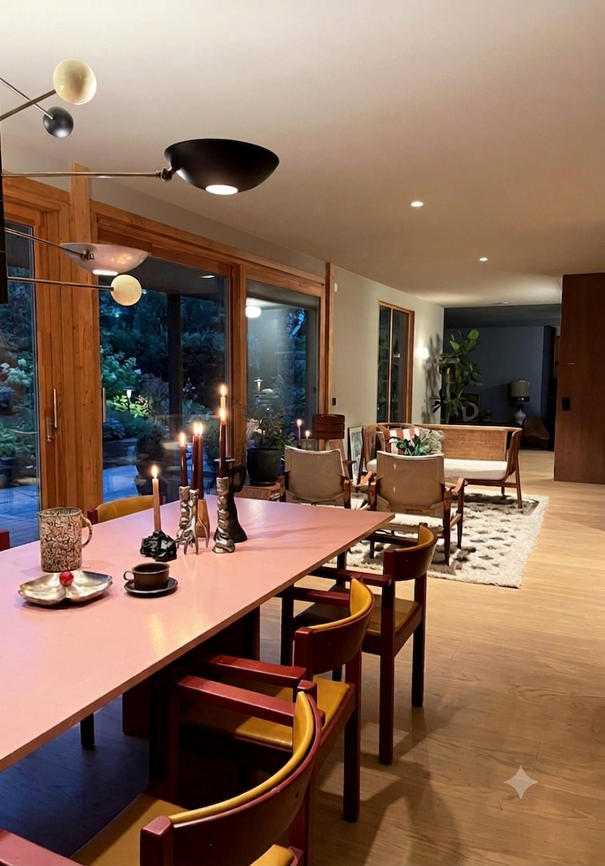 Evening dining room with candles and modernist pendant