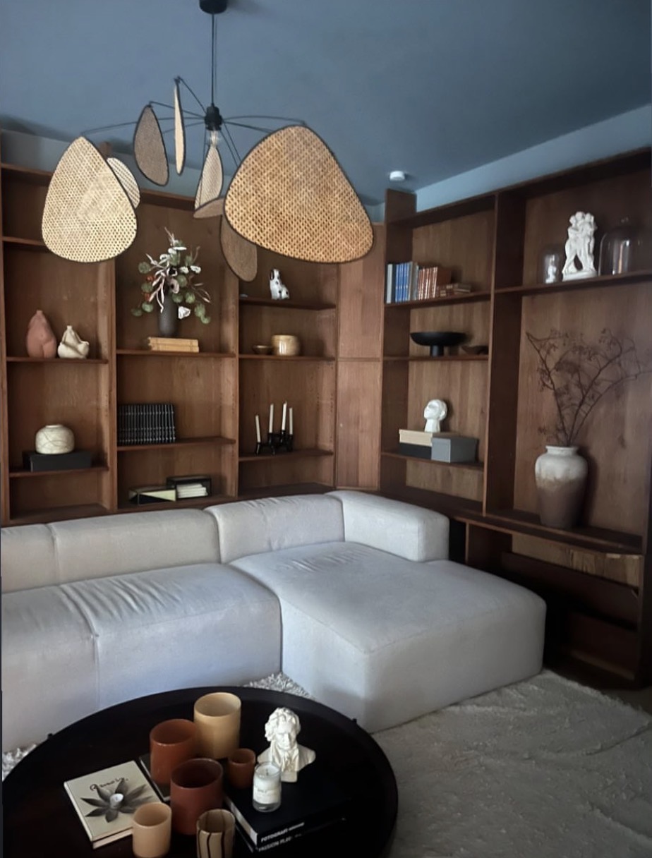 Detail of the bookshelf composition and low sofa