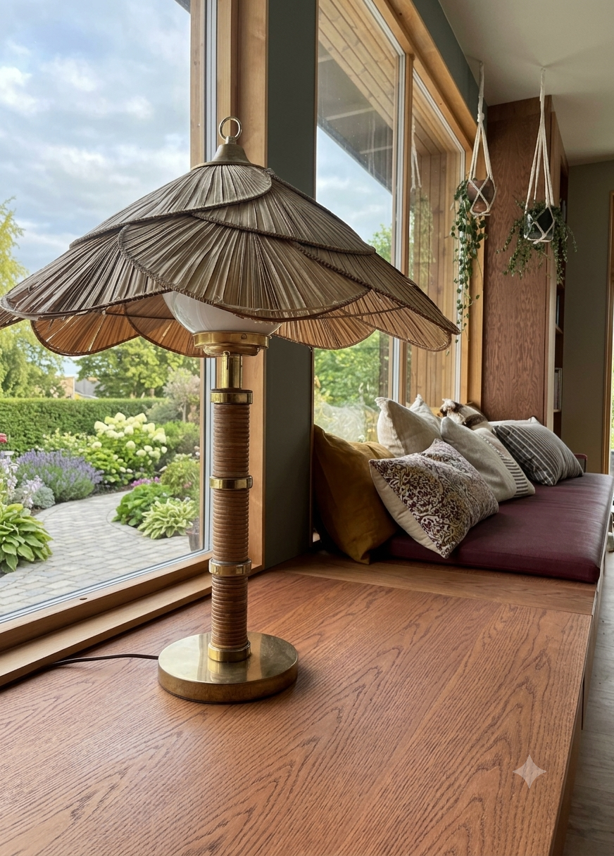 Window seat with rattan lamp and garden view