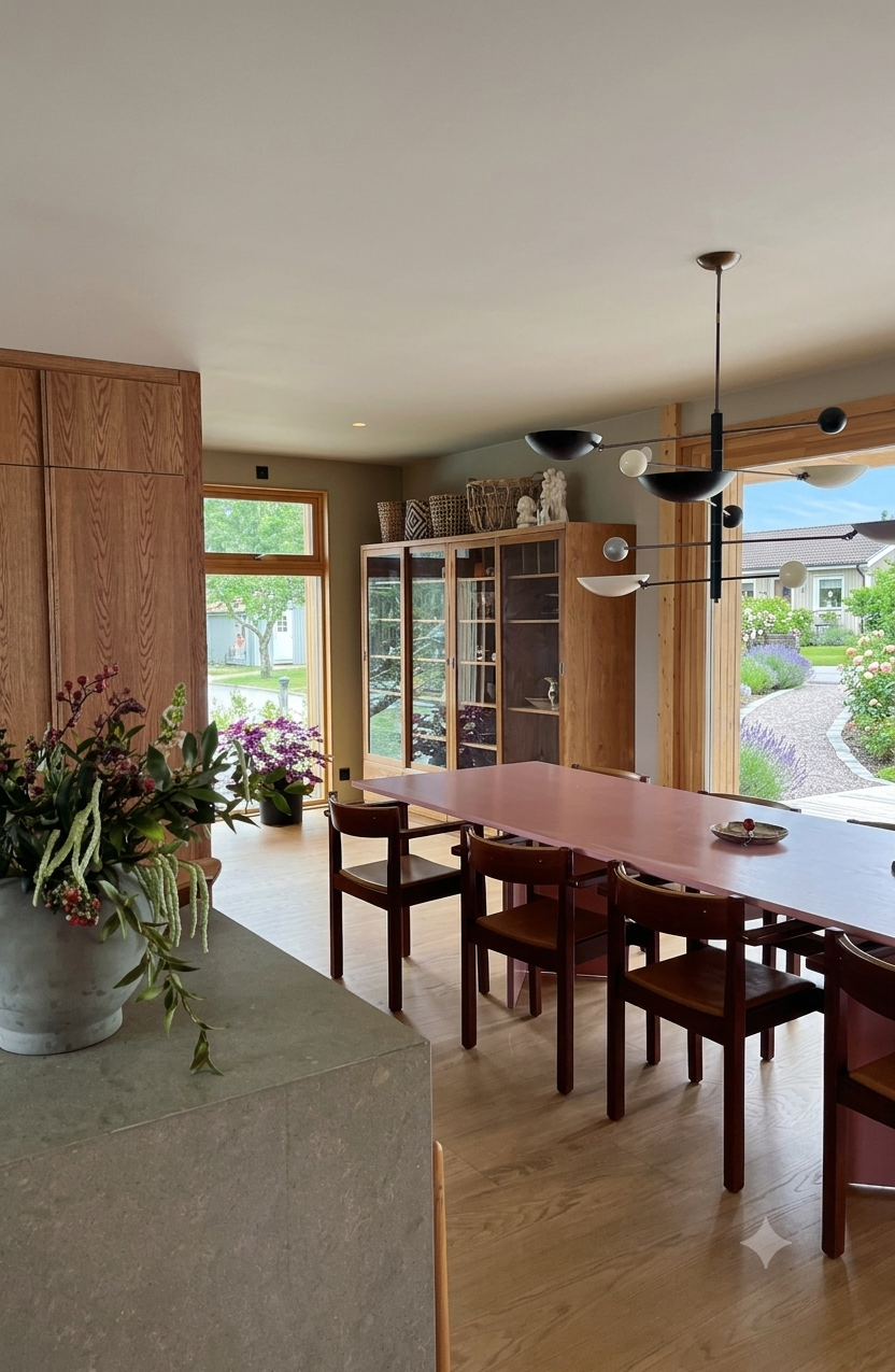 Dining area with pink table, wooden chairs and open garden view