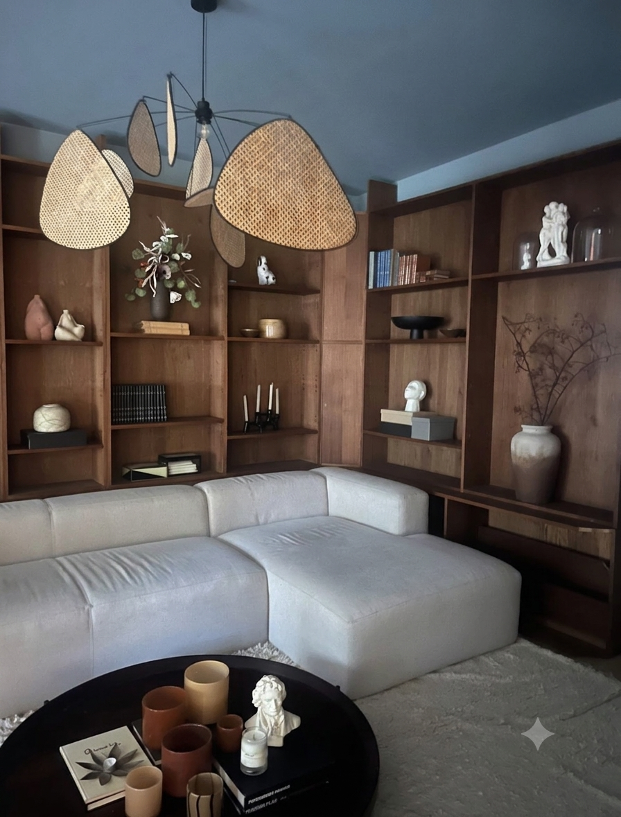 Living room with bespoke bookshelves and rattan pendant