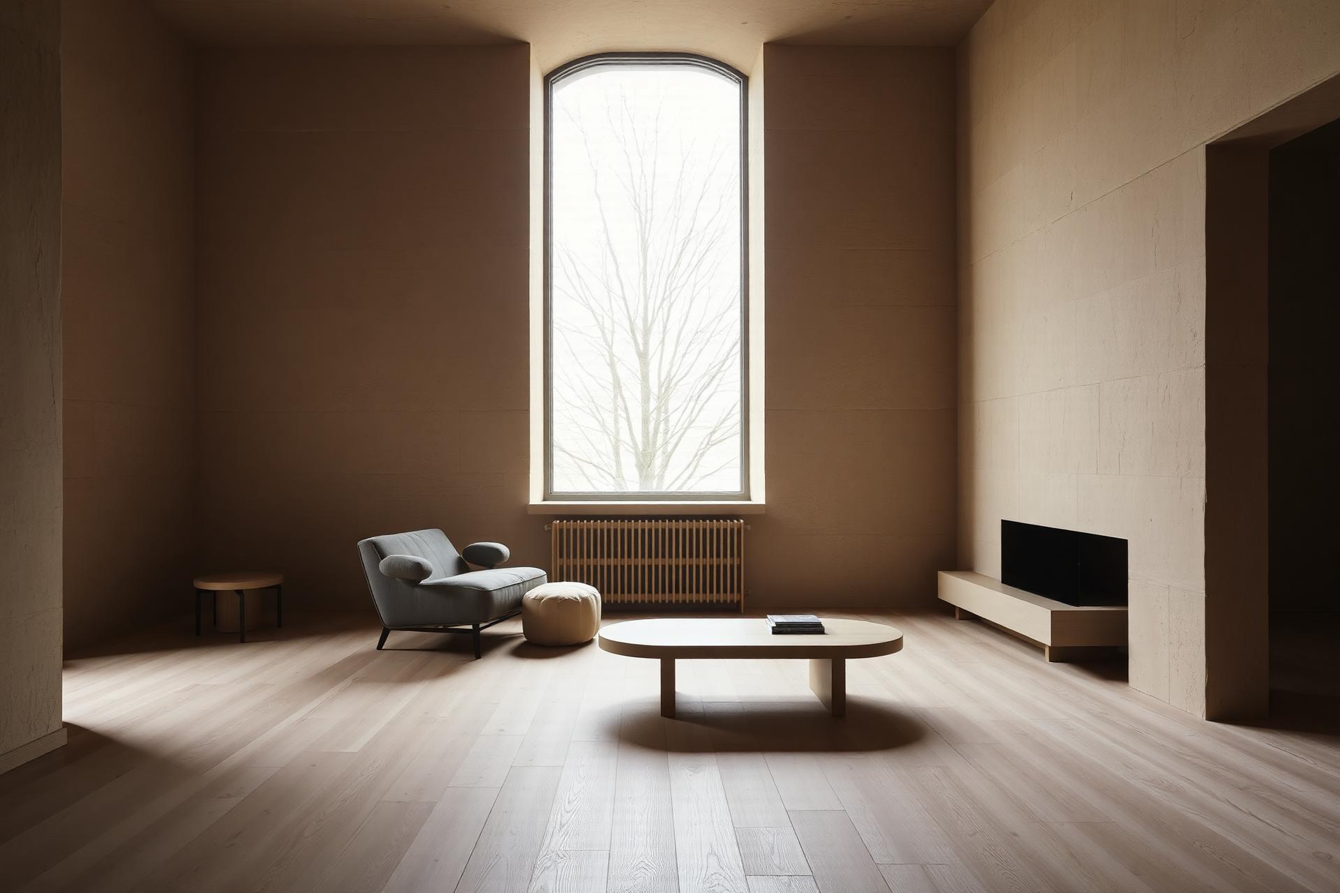 A quiet interior with limestone walls and tall arched window