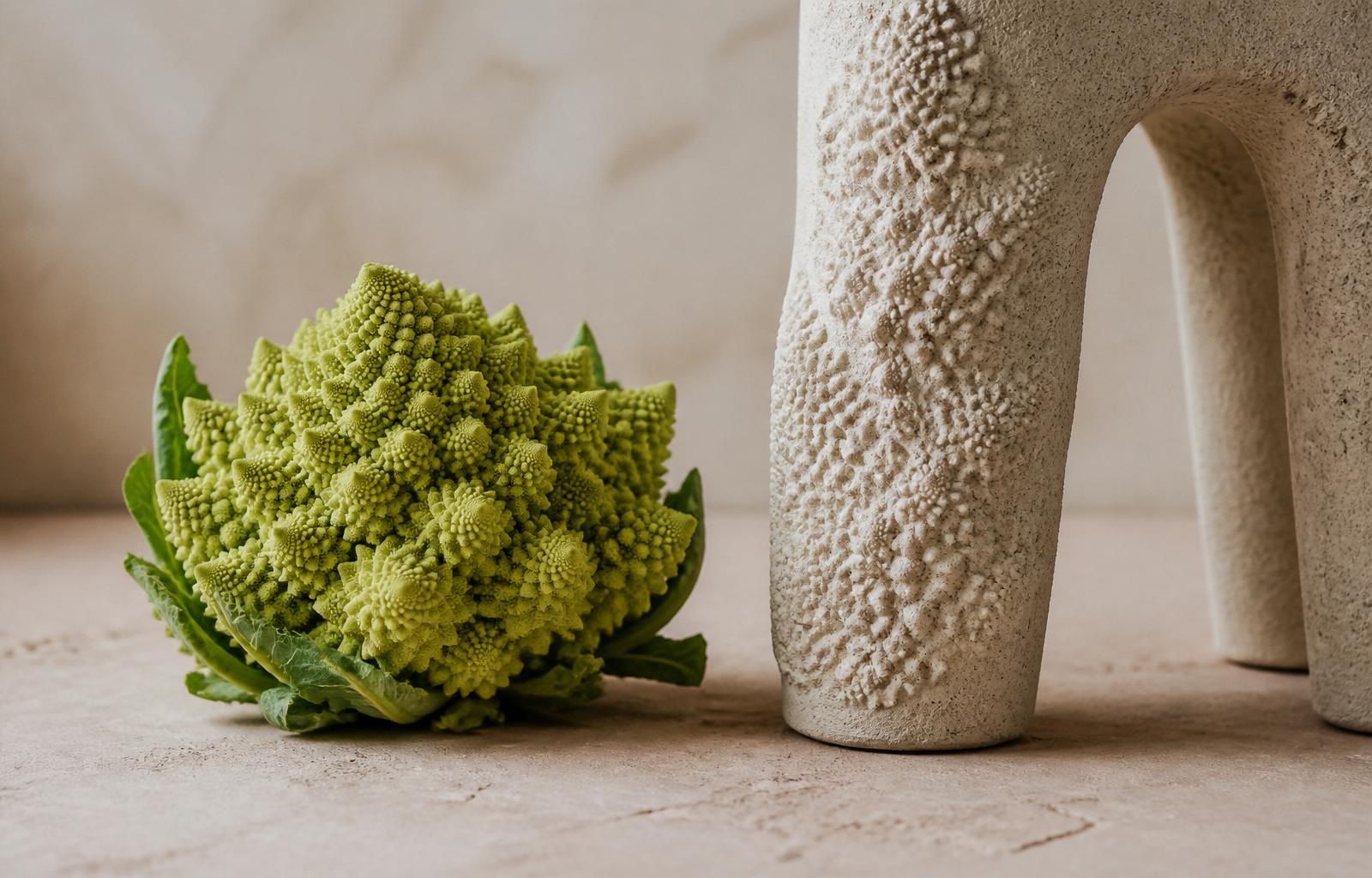 A Romanesco cauliflower beside a cast aluminium stool leg